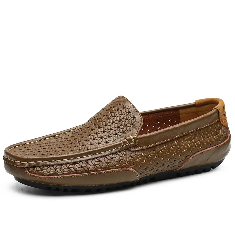 Hollow out khaki Color Men’s Genuine Leather Loafers – Breathable Slip-On Driving Shoes