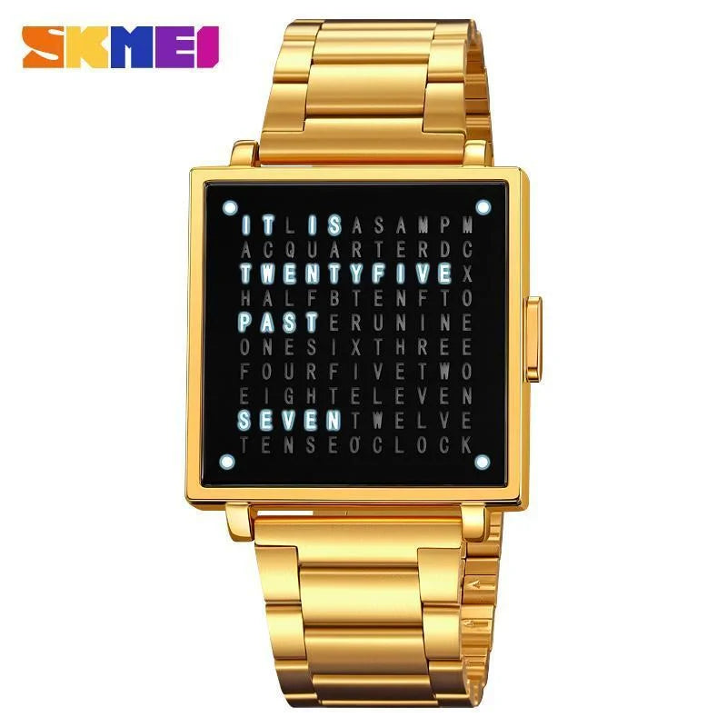 gold-steel Color Square Digital Sport Watch With LED Light & Calendar