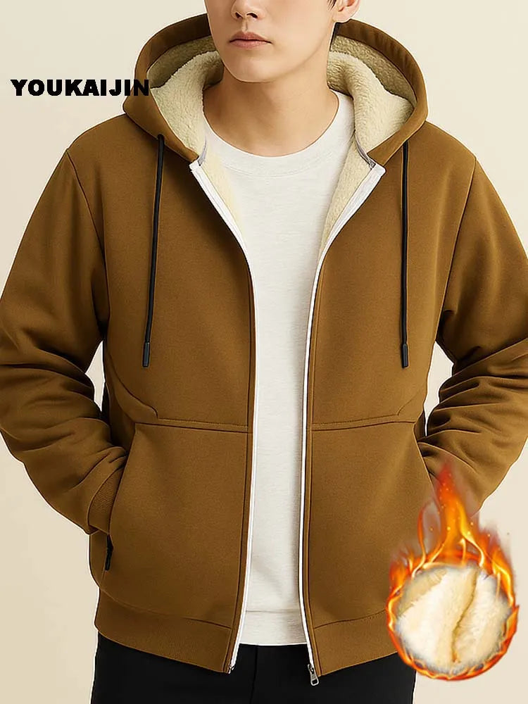 brown Color Men's Sherpa Fleece Zip Hoodie Jacket