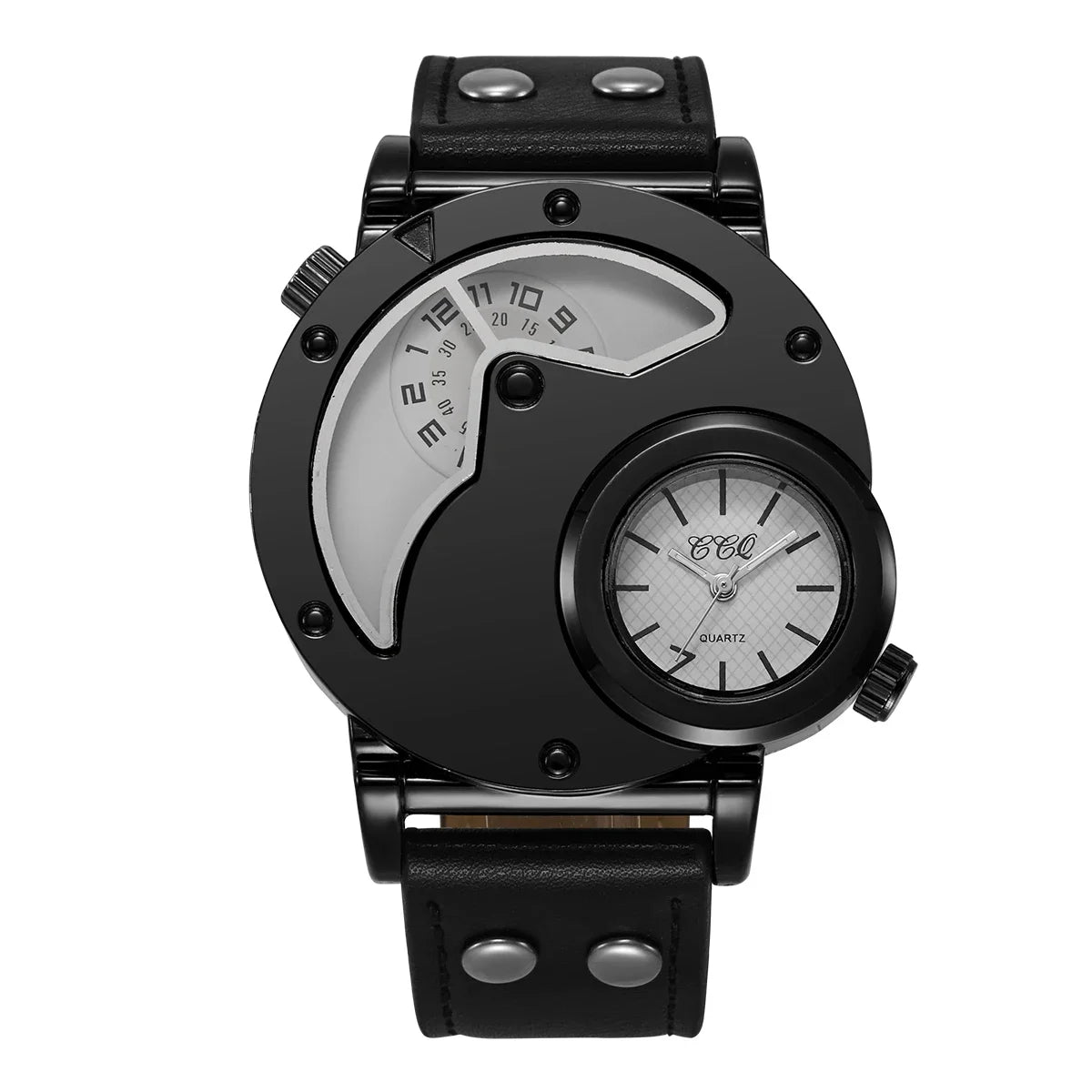Black White Color Men’s Large Dial Quartz Watch With Leather Strap