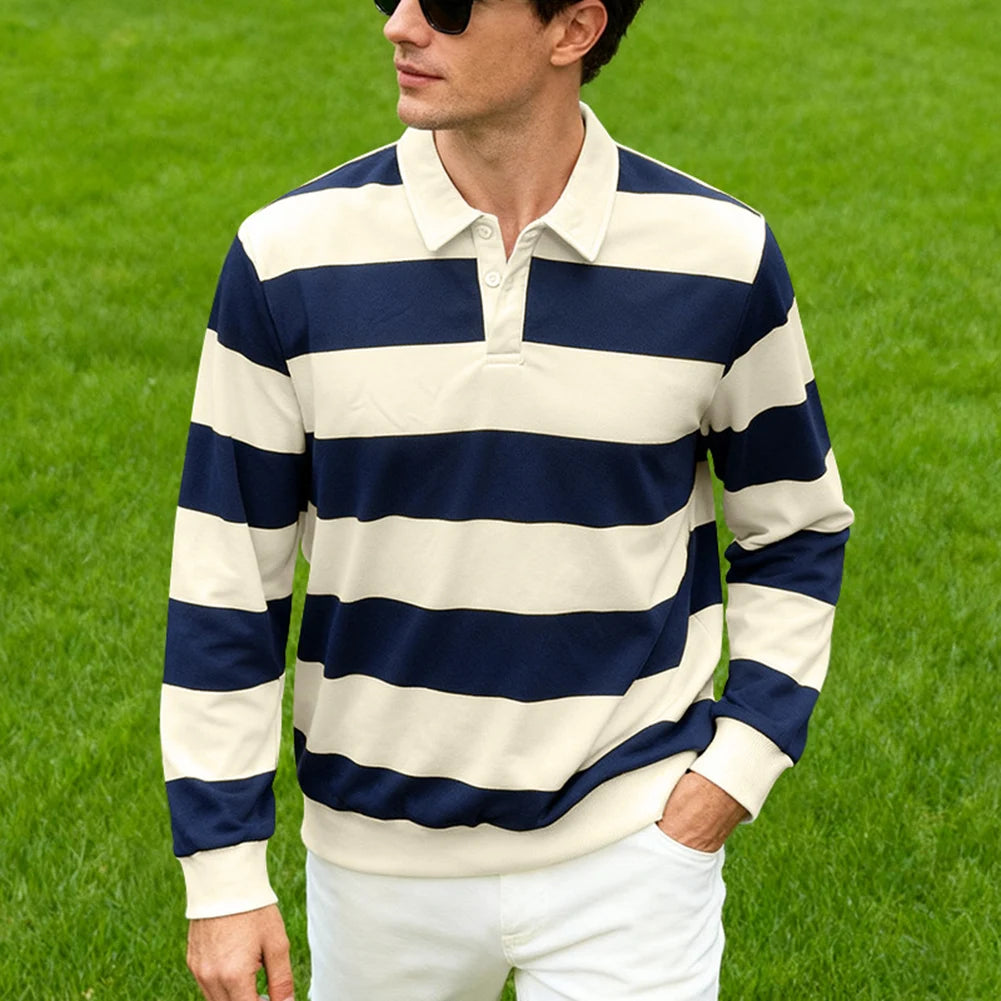 Men’s Striped Long Sleeve Polo T-Shirt Casual Top
