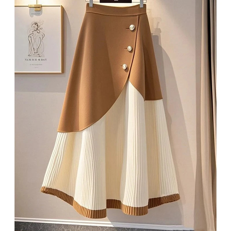 High Waist Knitted A-Line Midi Skirt With Buttons