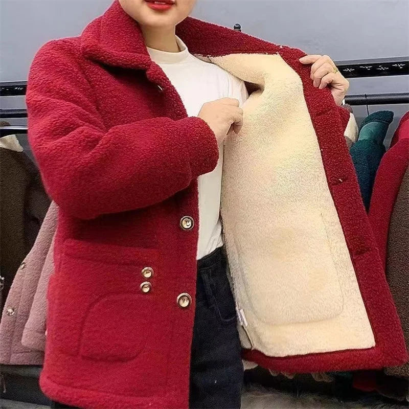 Women’s Thick Fleece Faux Fur Coat With Lapel Pockets