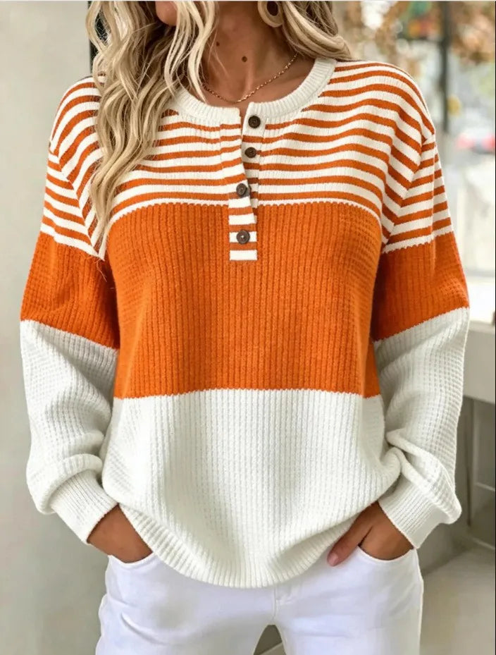 Orange Color Women’s Striped Waffle Knit Pullover – Loose Casual Fit