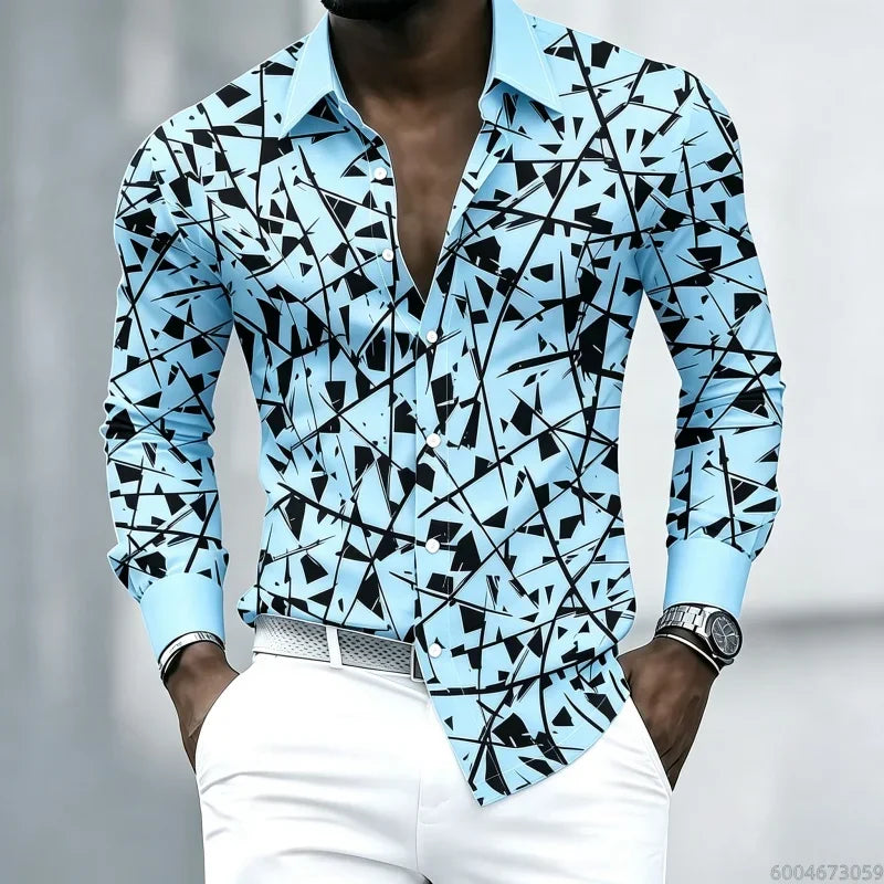 YCZWZW080798P Color Men's Geometric Print Lapel Shirt Casual Long Sleeve