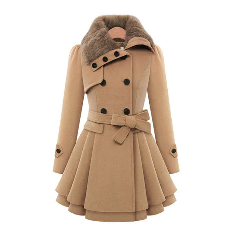 Women’s Long Wool Blend Trench Coat – Double‑Breasted