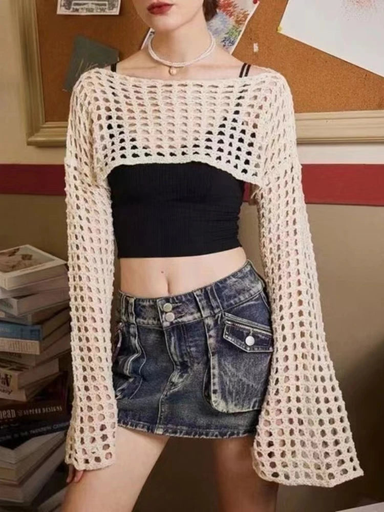 Women's Vintage Crochet Long Sleeve Crop Top Tee