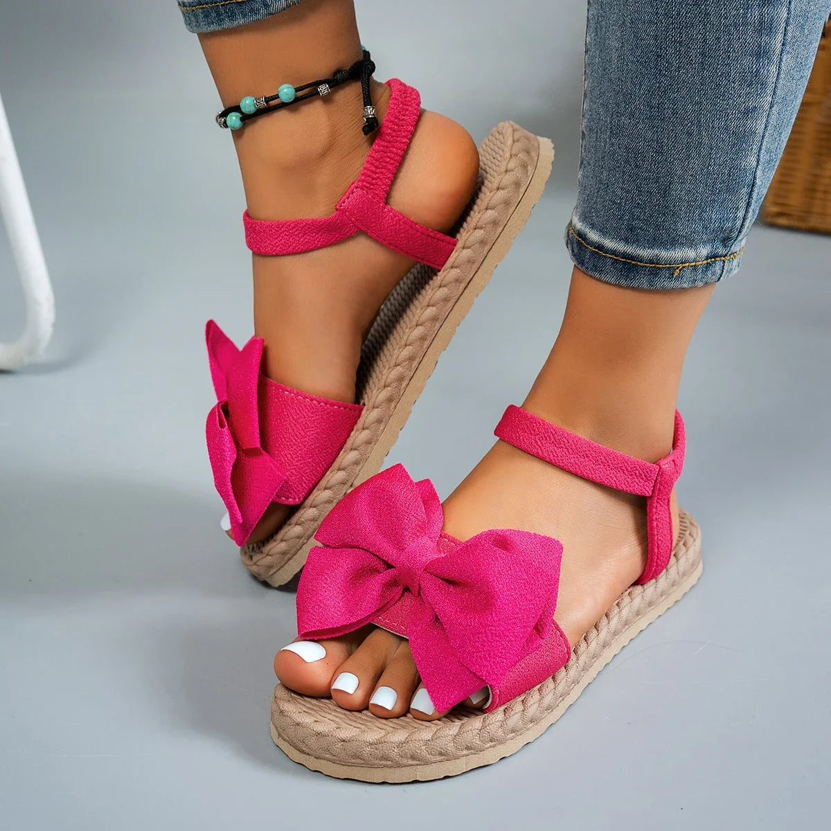 Women’s Flat Beach Sandals Slip-On With Bow Strap