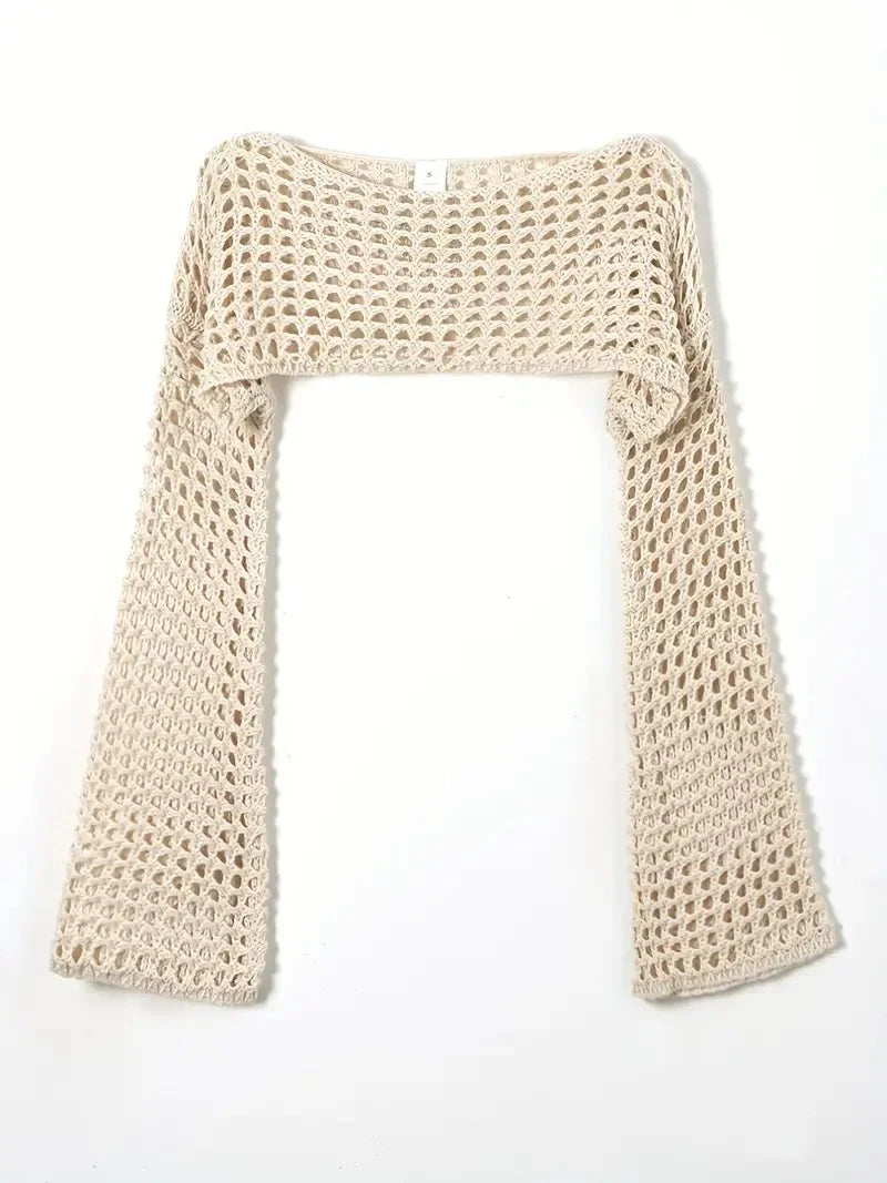 khaki Color Women's Vintage Crochet Long Sleeve Crop Top Tee