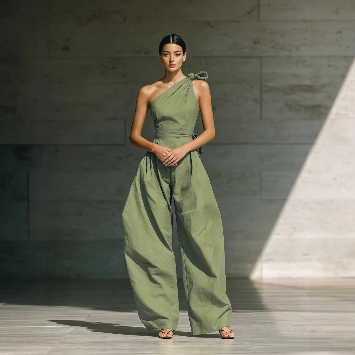 Women’s One-Shoulder Wide-Leg Jumpsuit With Sash Belt