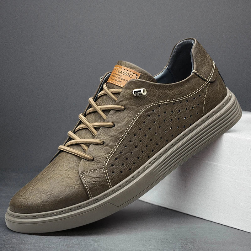 Brown-breathable Color Men’s Genuine Leather Oxford Sneakers – Casual Lace-Up