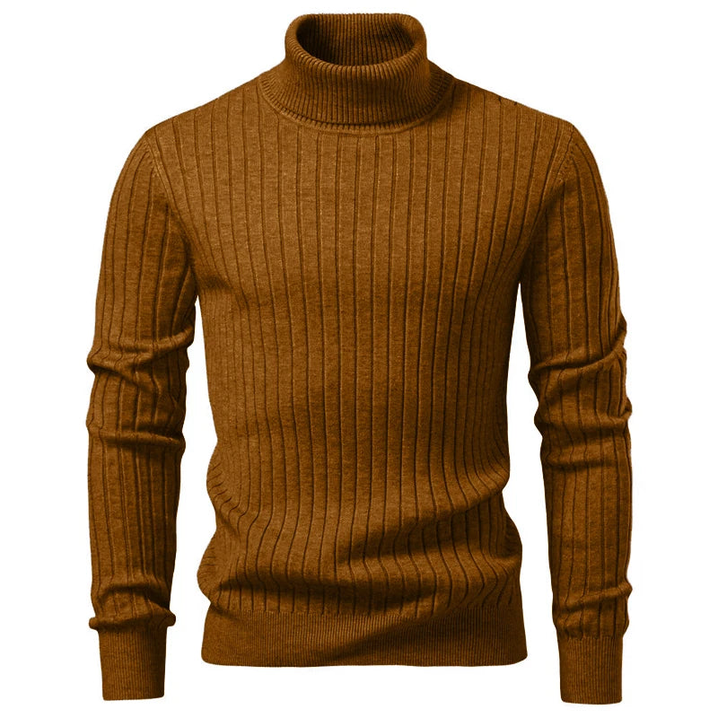 Brown Color Men's Striped Turtleneck Knit Sweater – Warm Casual