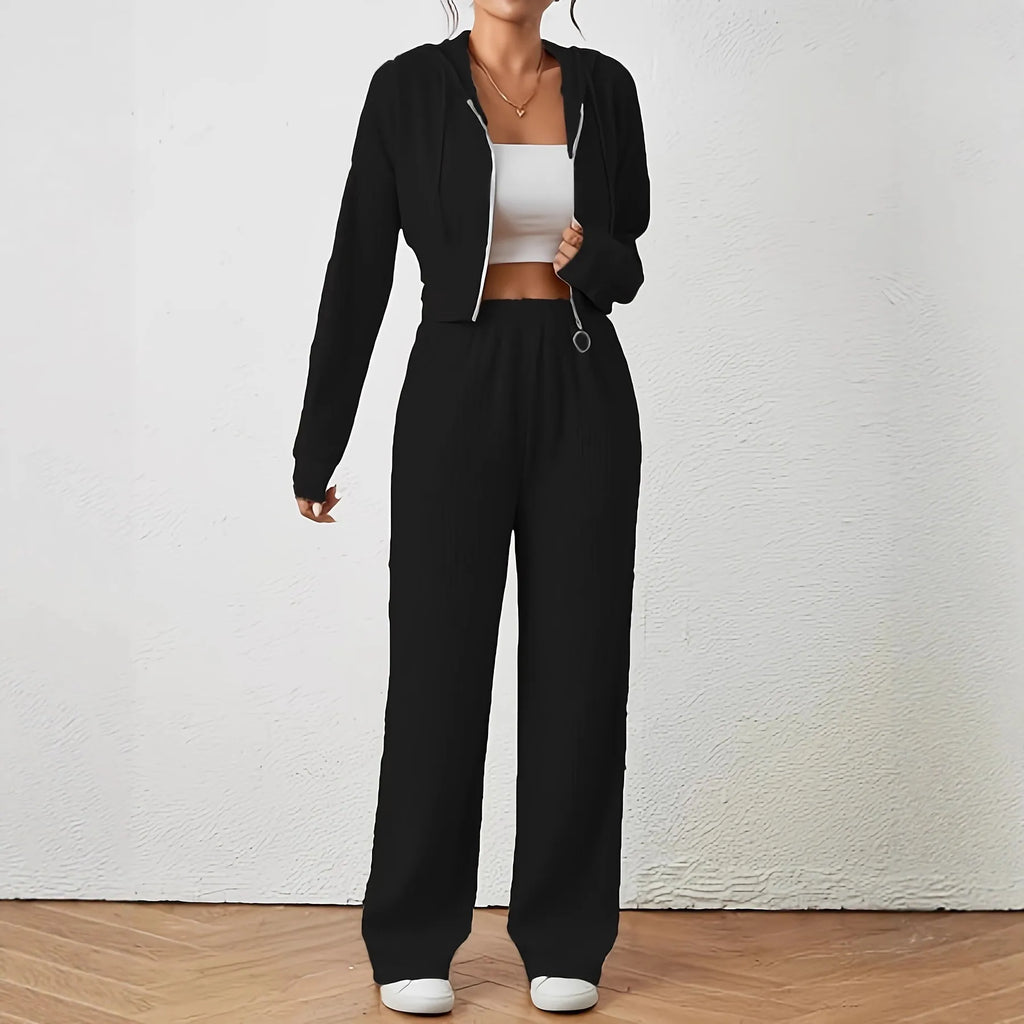 Women’s Hooded Two-Piece Jogger Set With Zipper Top