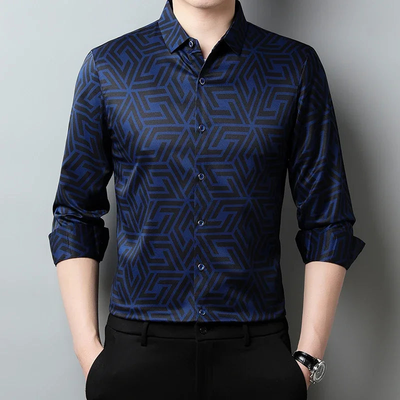 Navy Blue Color Men's Casual Printed Shirt – Long Sleeve Smart Style