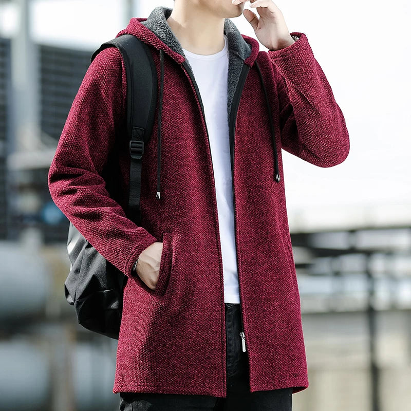 8826 Red wine Color Men's Knit Hooded Cardigan Coat With Fleece Lining