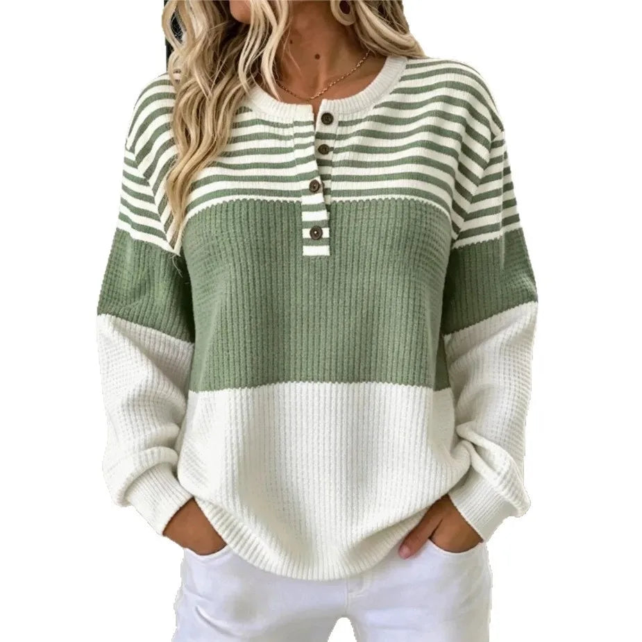 Women’s Striped Waffle Knit Pullover – Loose Casual Fit