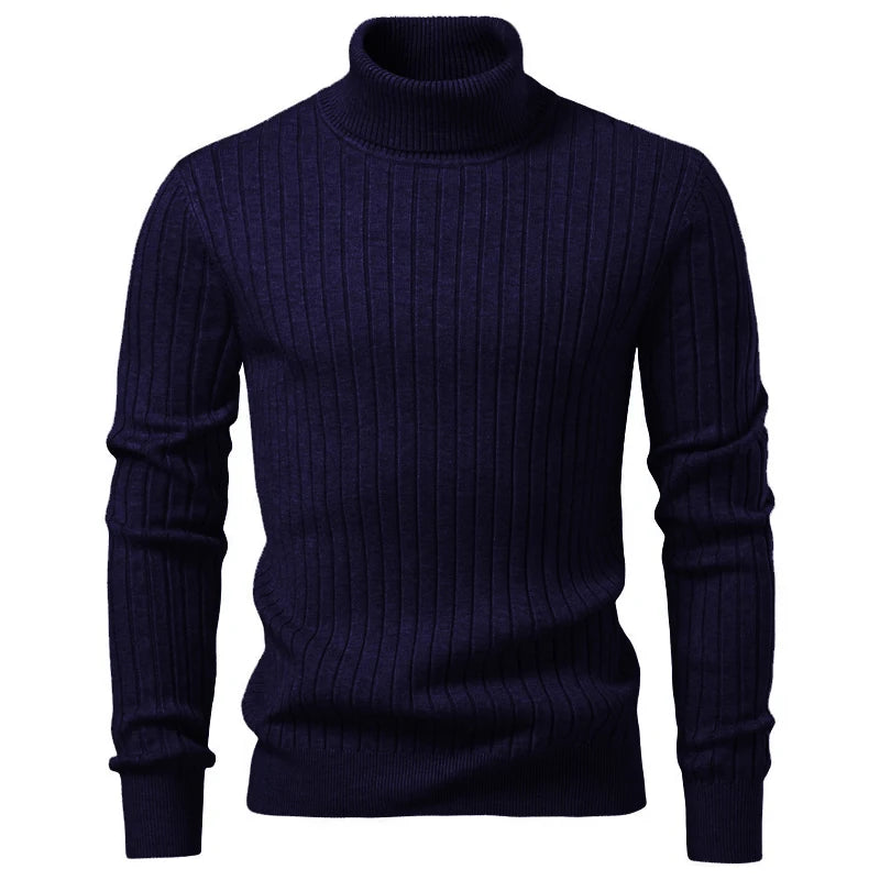 Navy Color Men's Striped Turtleneck Knit Sweater – Warm Casual