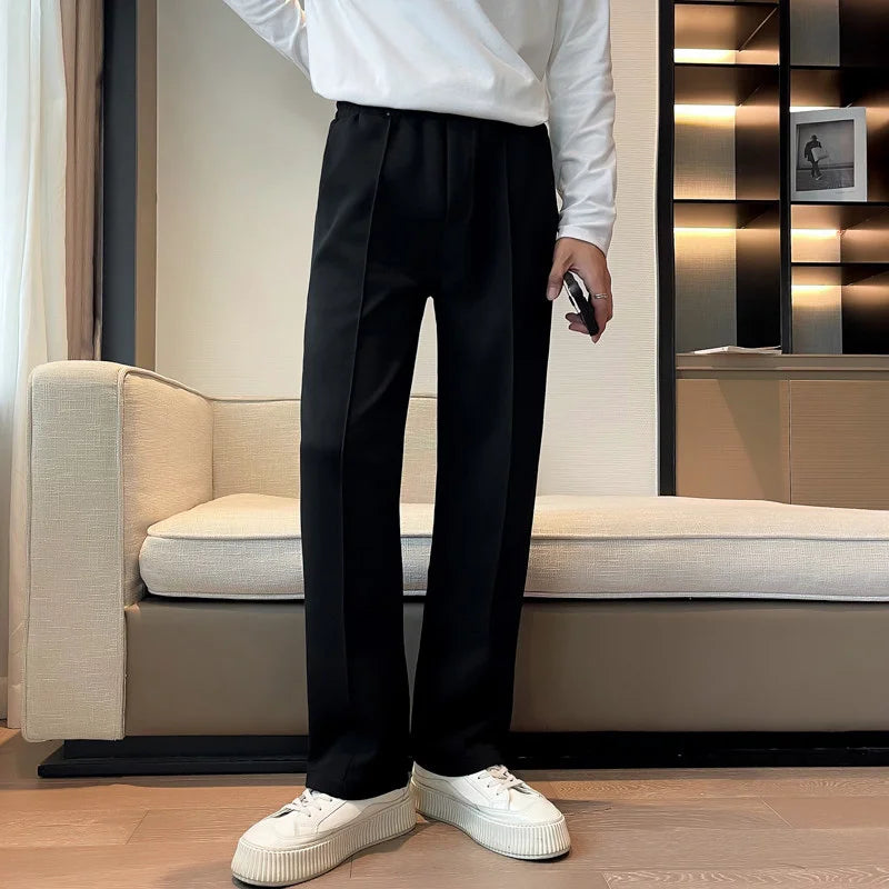 black Color Men's Straight Leg Casual Pants Lightweight Mid-Rise