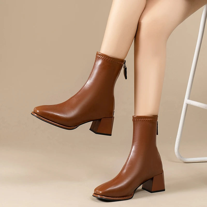 Women’s Ankle Winter Boots – Zipper, Square Heel, Non-Slip