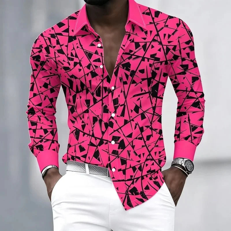 Men's Geometric Print Lapel Shirt Casual Long Sleeve
