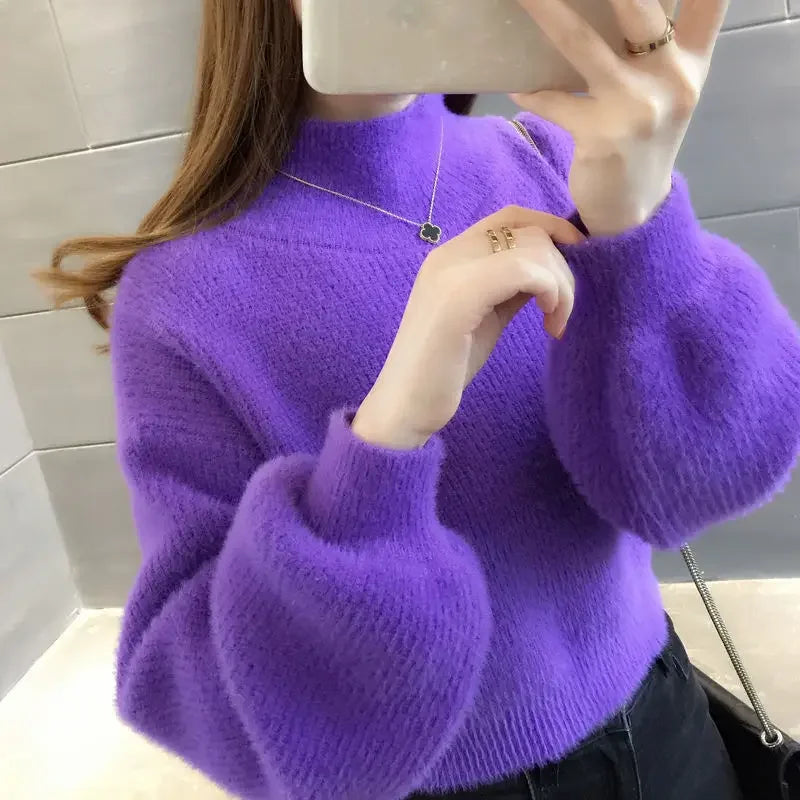 Women’s Loose Knit Pullover Sweater With Lantern Sleeves