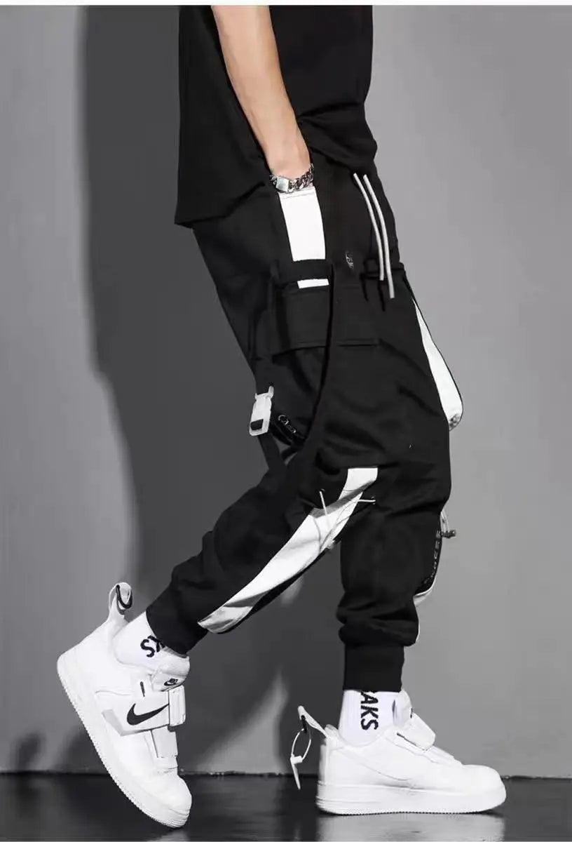 Men's Hip Hop Cargo Joggers With Ribbon Details