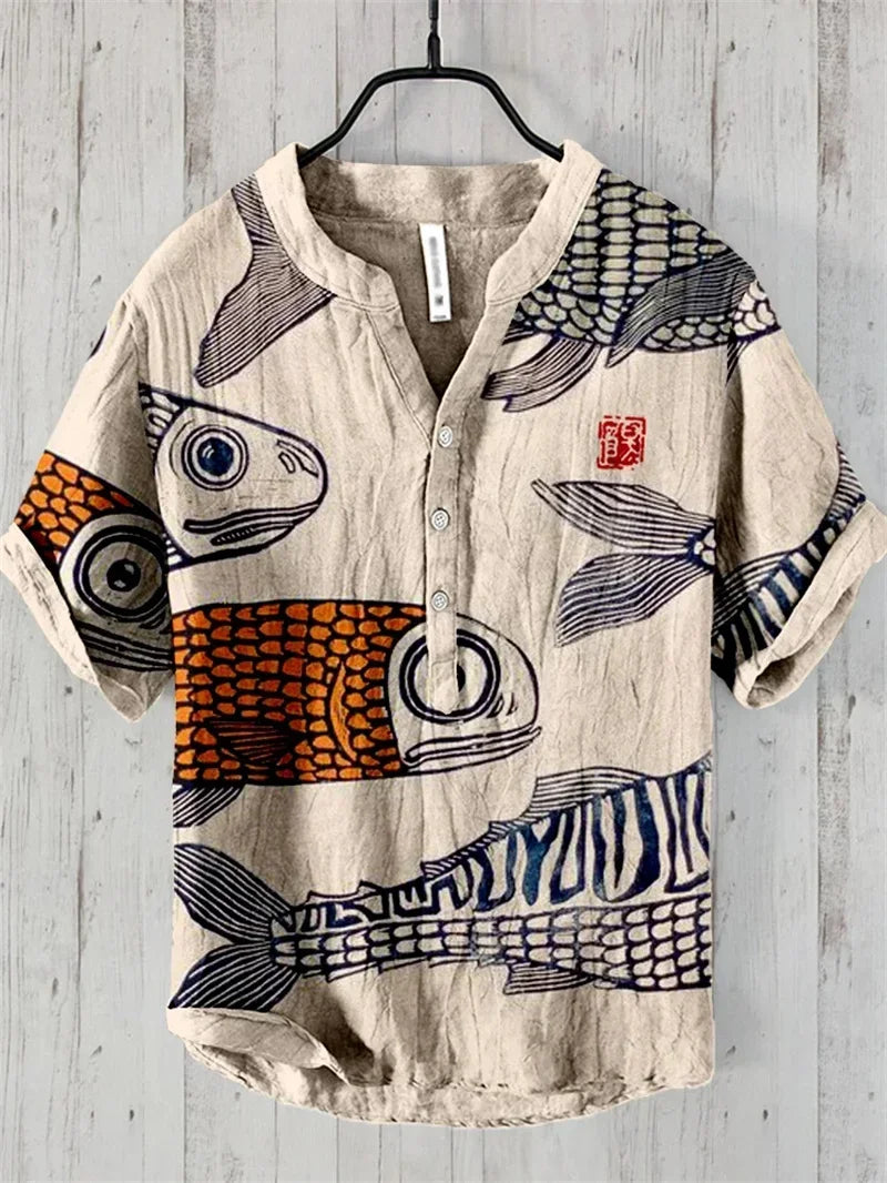 ARU213 Color Men’s Linen Casual V-Neck Short Sleeve Beach Shirt