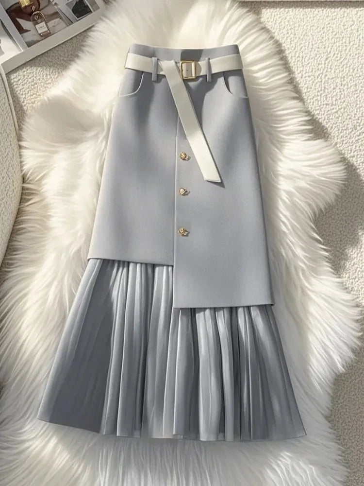 Women’s High Waist Patchwork Pleated Midi Skirt