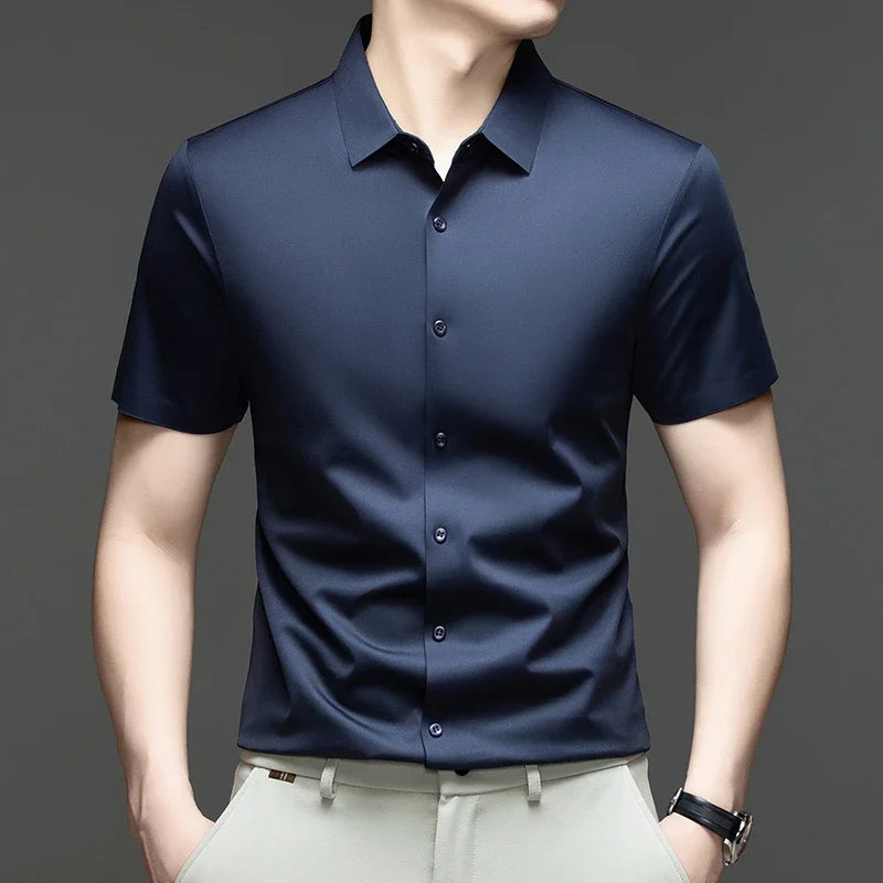 Mechanical Blue Color Men's Ice Silk Short Sleeve Shirt – Lightweight Casual