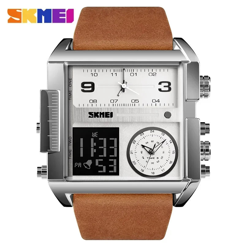 Silver Brown Belt Color Men’s Digital Sport Watch Quartz Dual Display