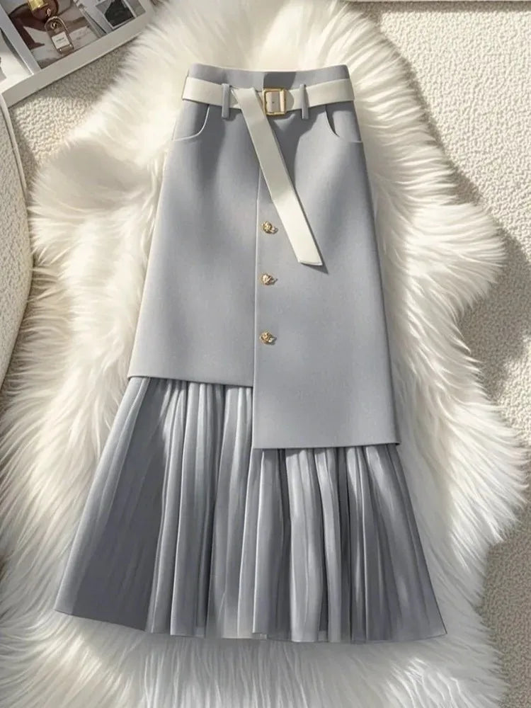 Women’s High Waist Patchwork Pleated Midi Skirt