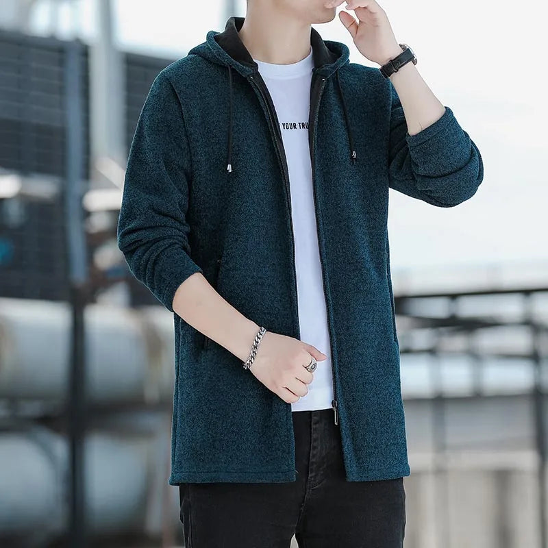 8826 Grey blue Color Men's Knit Hooded Cardigan Coat With Fleece Lining