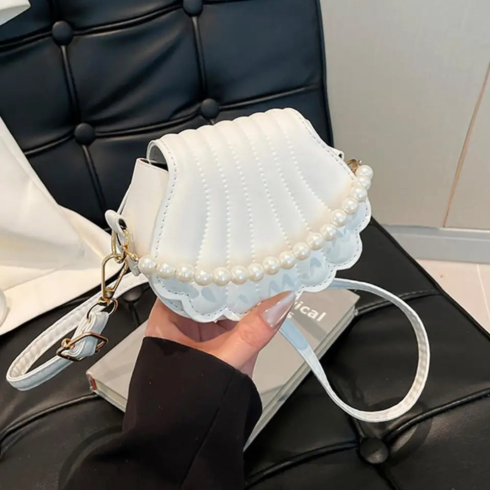 Pearl Handle Shell Crossbody Bag For Women PU Leather