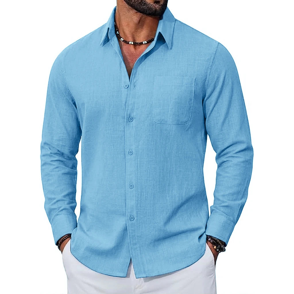 Light Blue Color Men's Cotton Long Sleeve Casual Button Shirt