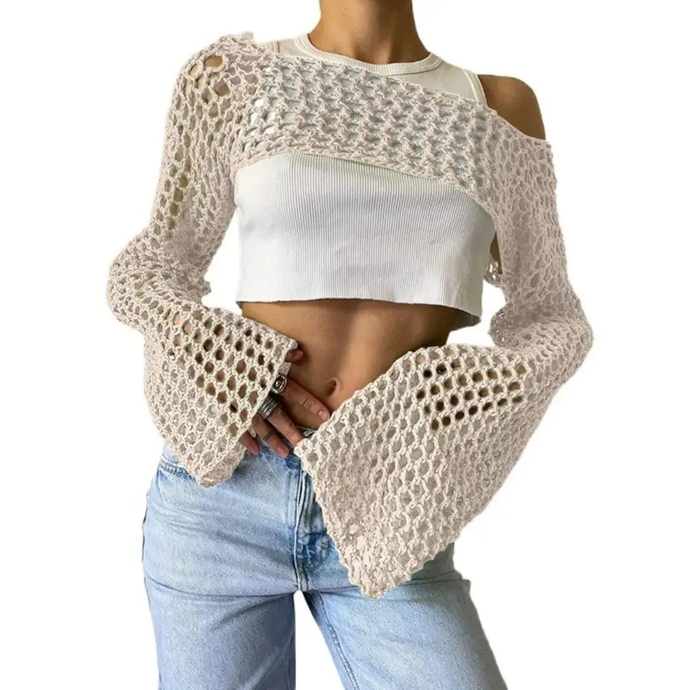 beige Color Women’s Crochet Sleeve Shrug Sweater Crop Top