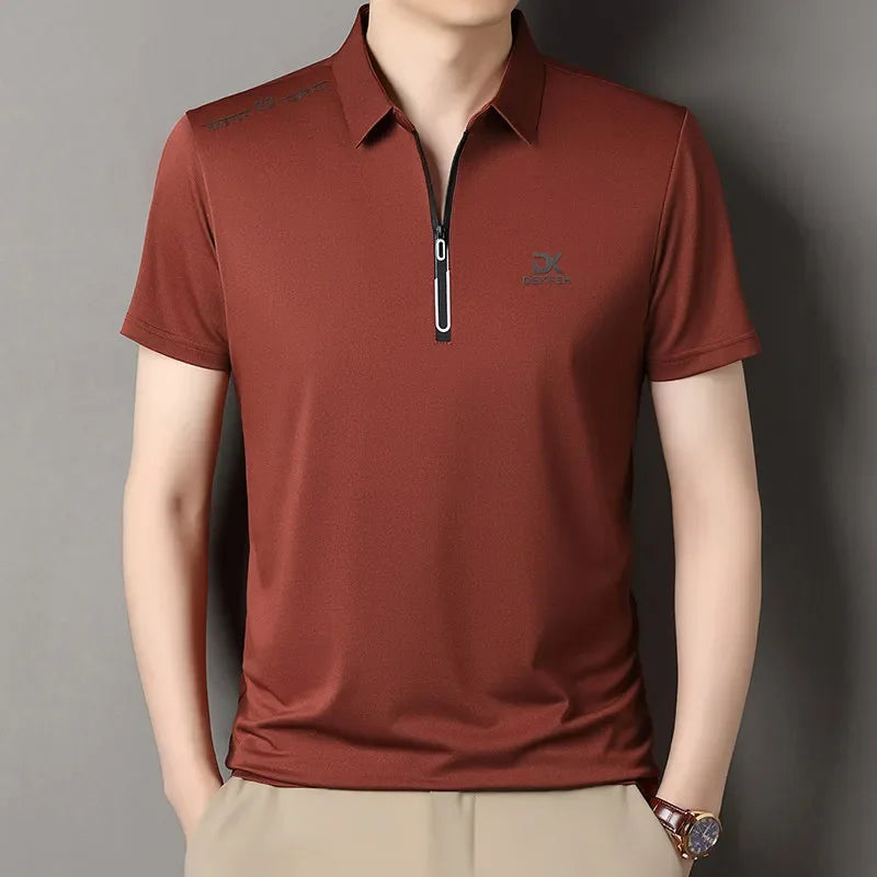 Red Color Men's Casual Zipper Polo Shirt – Lightweight Summer Top