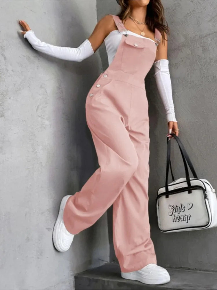 Pink Color Women’s Loose Wide Leg Bib Overalls With Pockets