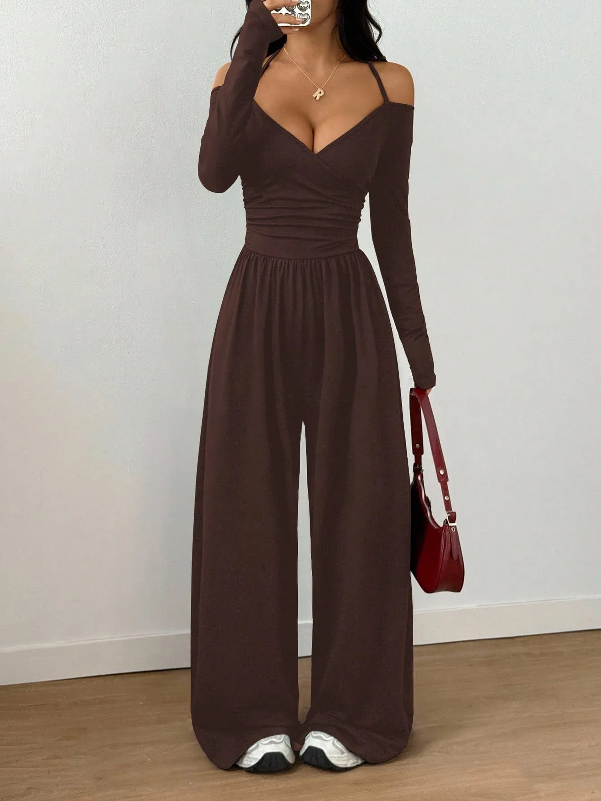 coffee Color Women’s Off Shoulder Wide Leg Jumpsuit With Lace-Up