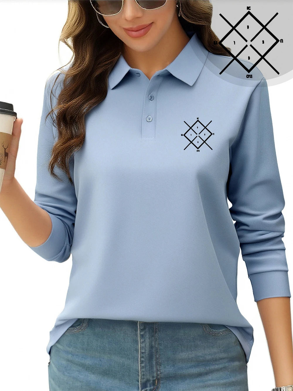 Light Blue Color Women’s Sporty Polo Shirt With Long Sleeves And Letter Print