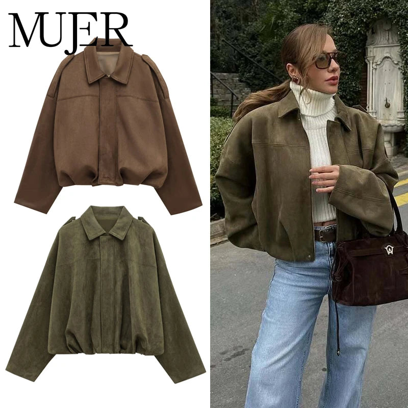 Women’s Faux Suede Bomber Jacket Zip-Up Oversized Coat