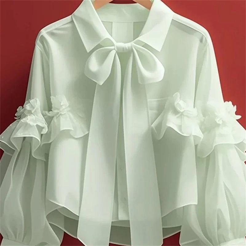 Women’s Bow Collar Short Cardigan Blouse Top