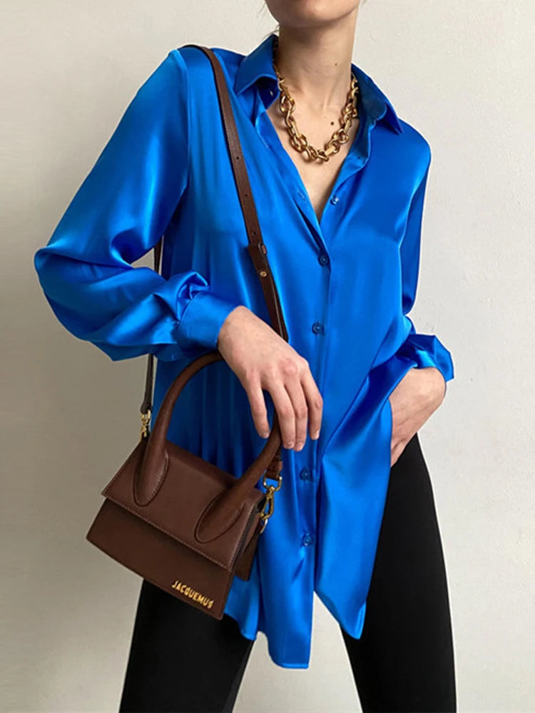 Blue Color Women’s Satin Button-Up Blouse For Office Or Casual