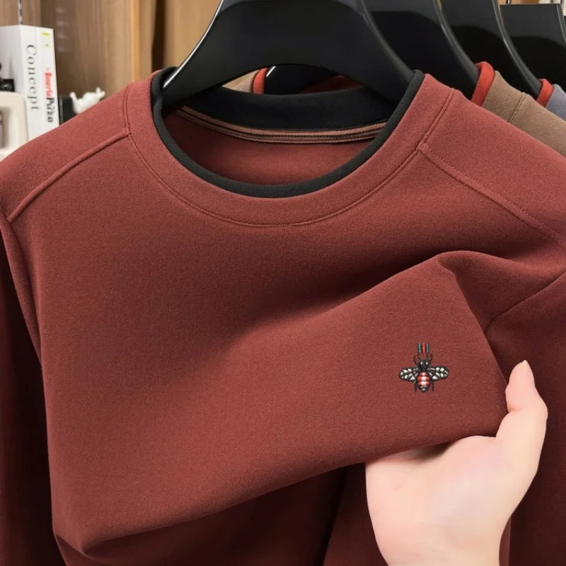 orange brown Color Men’s Velvet Long Sleeve T-Shirt With Bee Embroidery