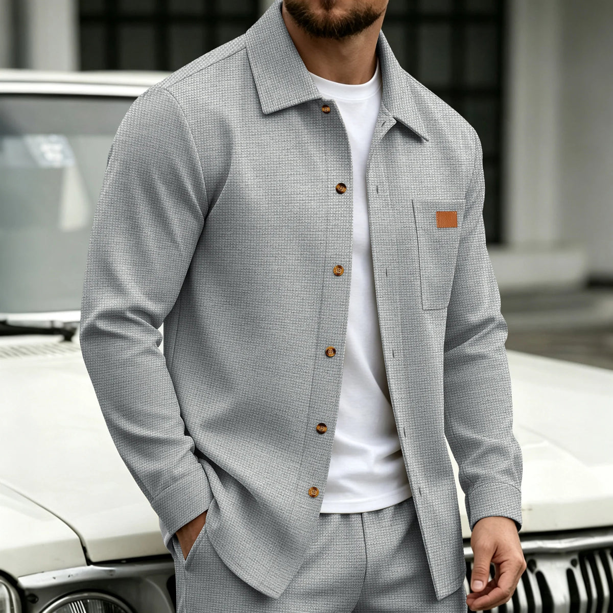 Men's Waffle Knit Button Shirt Jacket With Pocket