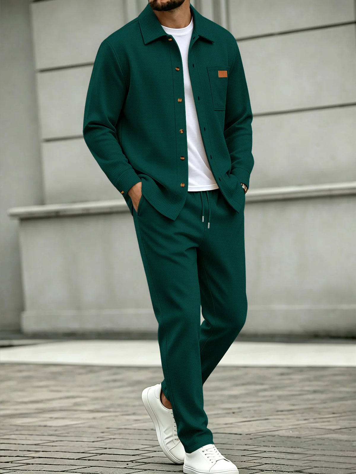 Men's Waffle Knit Casual Two-Piece Shirt Set