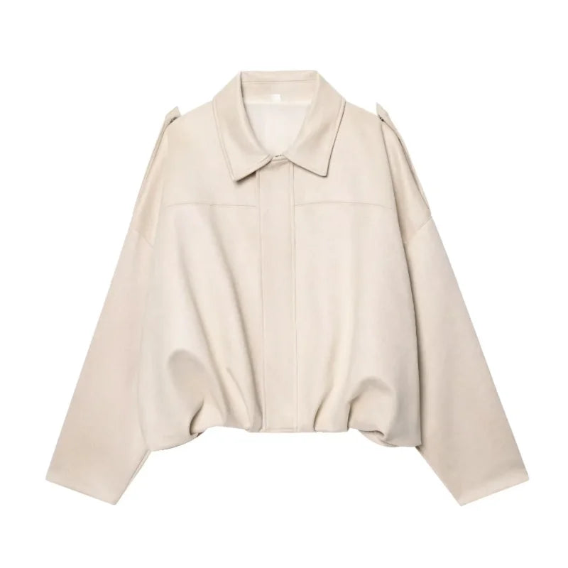 Beige Color Women’s Faux Suede Bomber Jacket Zip-Up Oversized Coat