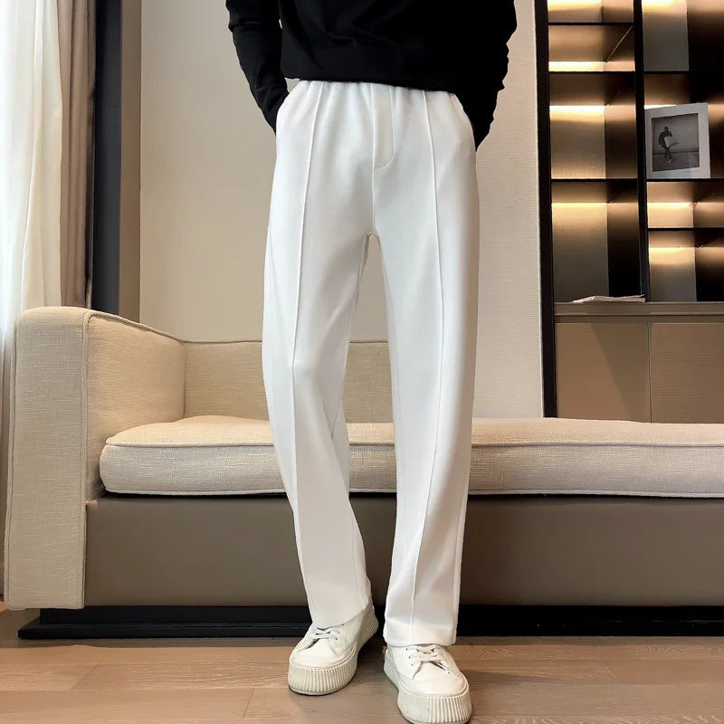 WHITE Color Men's Straight Leg Casual Pants Lightweight Mid-Rise