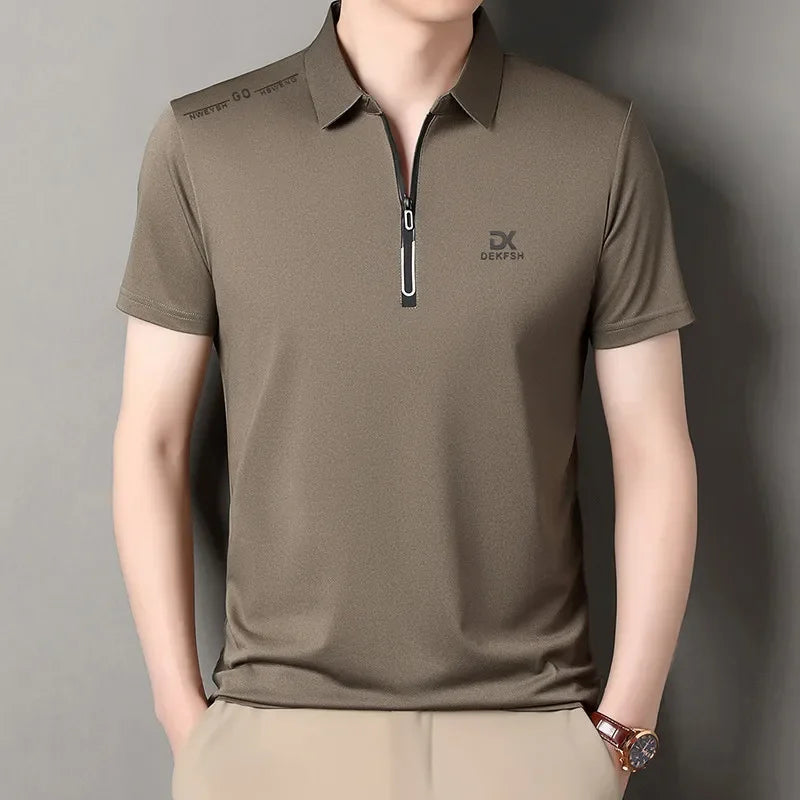Light khaki Color Men's Casual Zipper Polo Shirt – Lightweight Summer Top