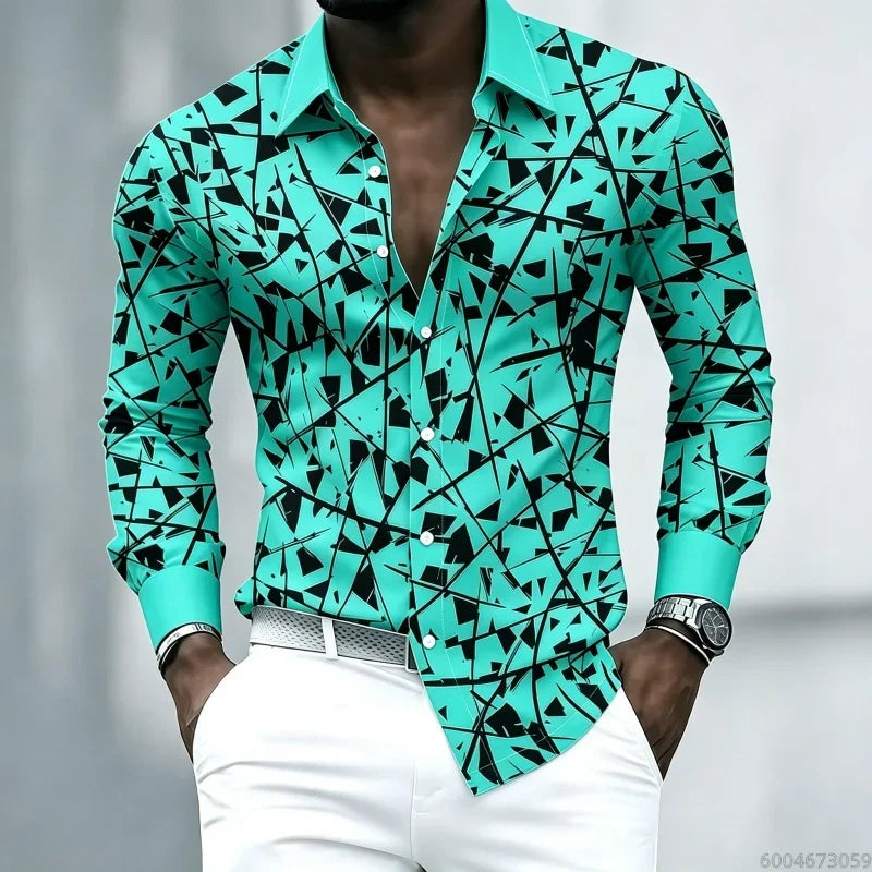 YCZWZW080798O Color Men's Geometric Print Lapel Shirt Casual Long Sleeve