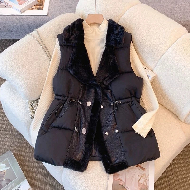 Women’s Faux Fur Collar Padded Winter Vest Coat